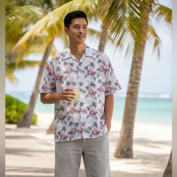 Magic Cotton by Rima Other - Mens Magic Cotton by Rima Aruba, one happy island flamingo button down shirt.